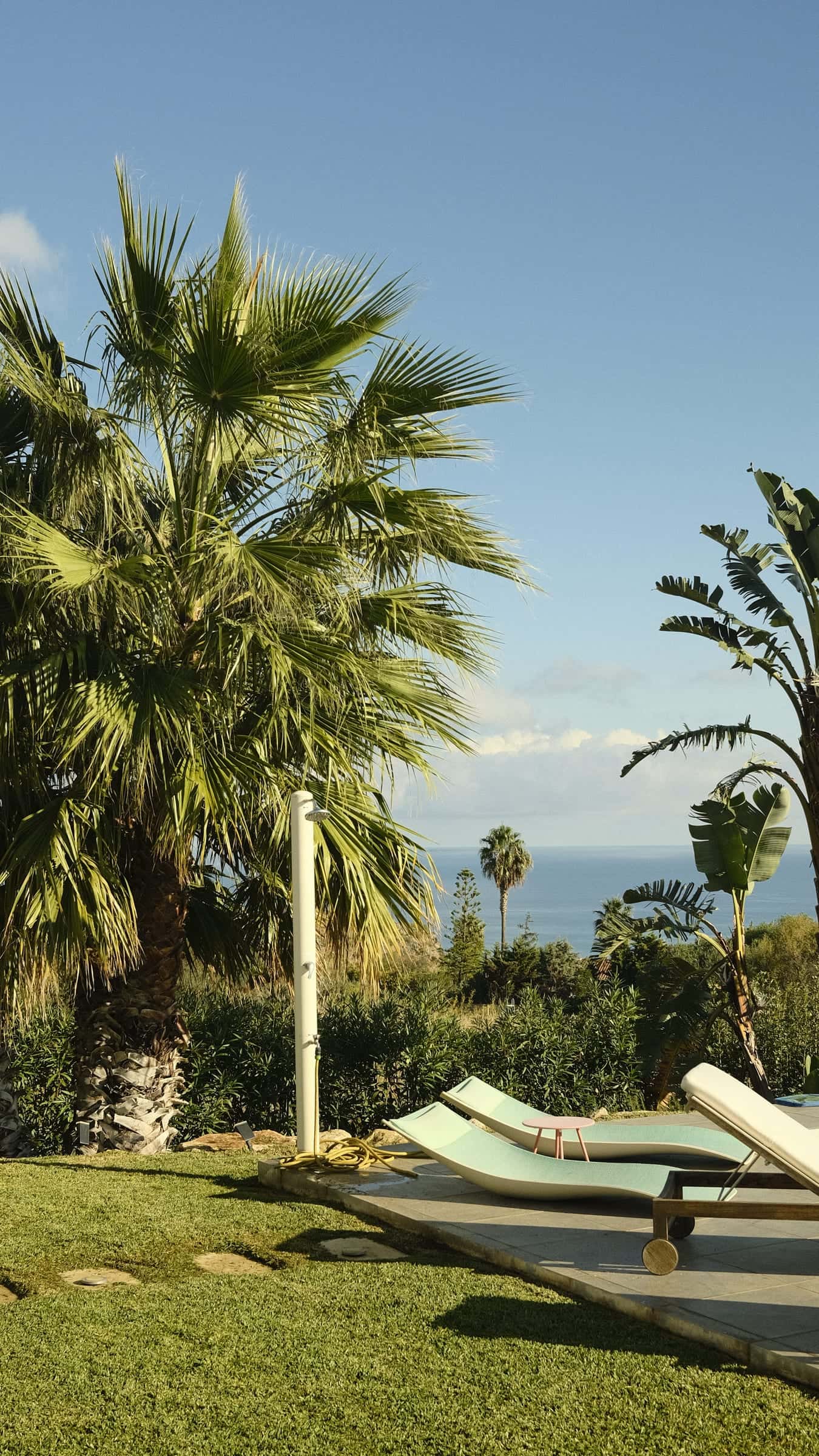 A fan palm and an outdoor shower beside a paved terrace with sun loungers, with the sea on the horizon