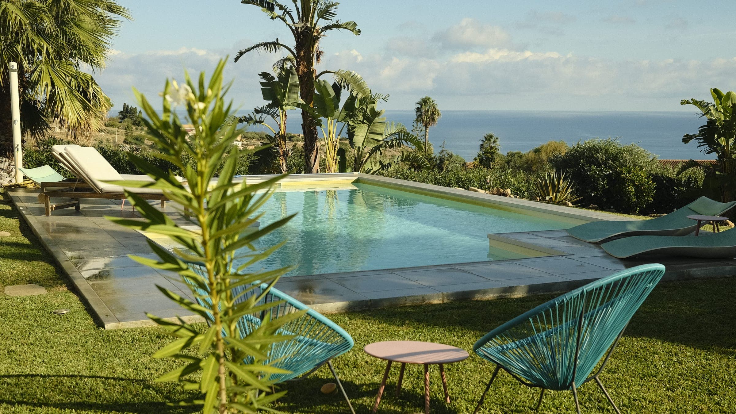 The pool in the lawn with sun loungers, two blue chairs and a young flowering shrub in front, palms and the sea beyond